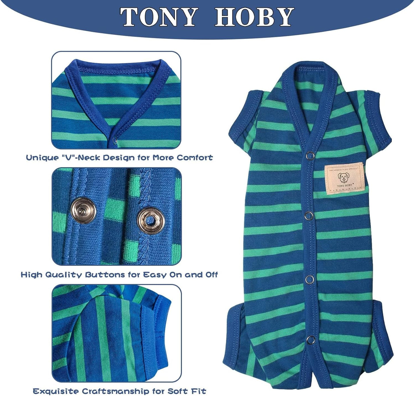 TONY HOBY Dog Pajamas for Female/Male, Dog Jumpsuit with Stripes for Small Medium Dogs, Soft and Comfortable 4 Legged Pajamas Dogs Clothes (Blue&Green, Boy, L)