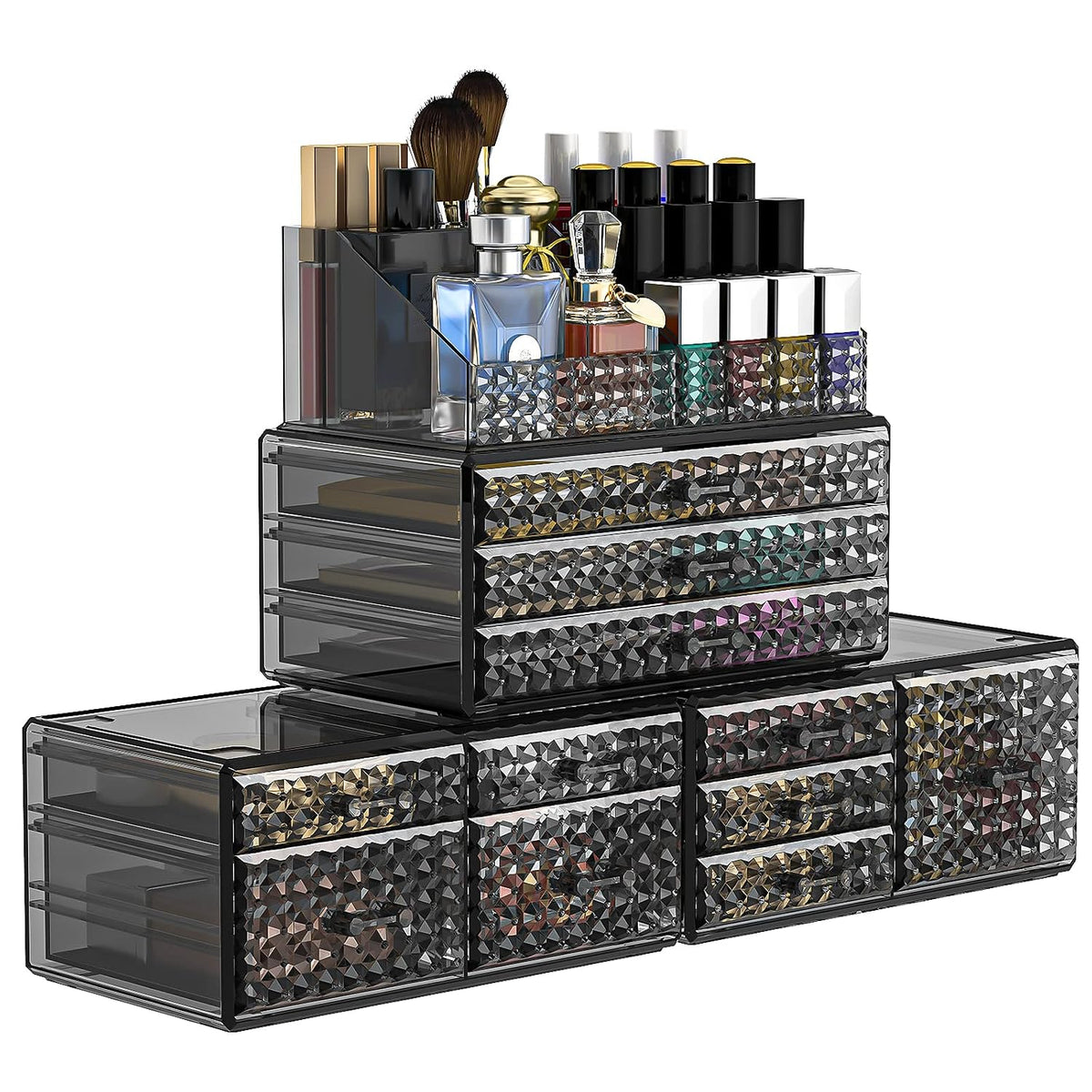 Awenia 4 Pack Stackable Makeup Organizer[Upgraded],Acrylic Cosmetics Storage Large Capacity with 11 Drawers For Brush Holder,Perfume or Jewelry Display,Plus Size| Ship from USA(Gray)