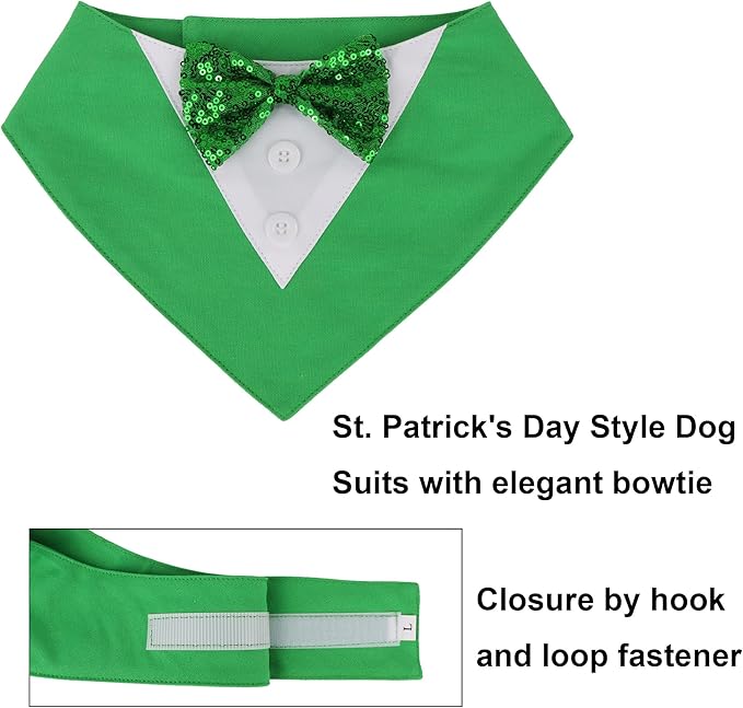 ADOGGYGO St.Patrick's Day Dog Tuxedo Bandana, Green Pet Tux Collar with Bowtie Adjustable St Patricks Costume for Medium Large Dogs Pets (L)