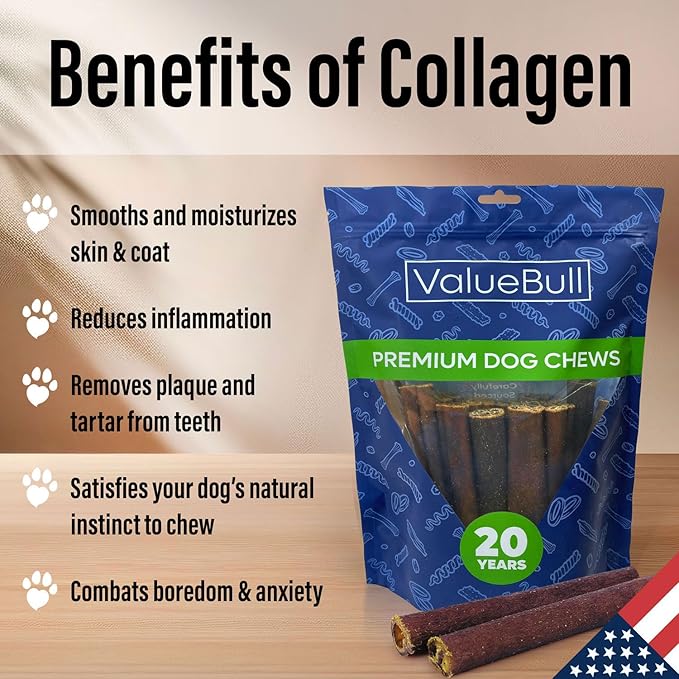 ValueBull USA Collagen Sticks for Dogs, 6 Inch Jumbo Chews, Natural Long-Lasting Dog Treats, 50 Count - Promotes Joint, Skin & Coat Health with Glucosamine and Chondroitin