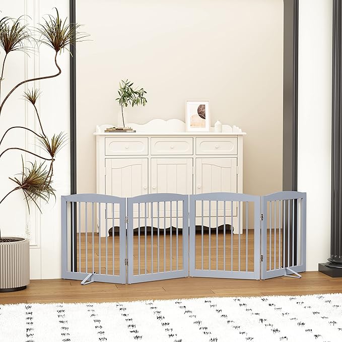 Freestanding Pet Gate for Dogs, Foldable Wooden Dog Gate for House, Indoor Dog Gate for Stair, Doorway, Gates for Dogs Indoor, 80 Inch Wide, 4 Panels 24", Grey