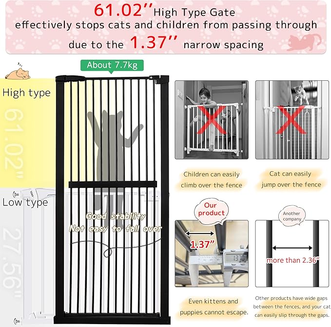 Lumizone Extra Tall Cat Gate 61.02" High Pressure Mounted Extra Wide 55.12"-59.24" (17Sizes) 1.37" Gap No Drilling Auto-Close Tall Pet Gate for Dogs (Black, 55.12"-59.24" W)