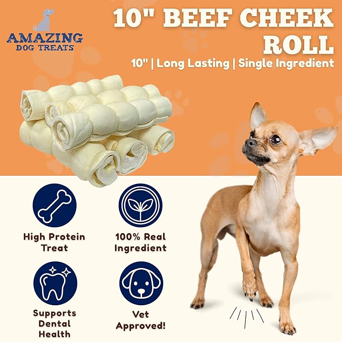 Amazing Dog Treats - Beef Cheek Rolls (10 Inch Regular - 30 Pcs) - Safe Rawhide Alternative Dog Chew - Great for Power Chewers - Long Lasting Dog Chew - Retriever Rolls