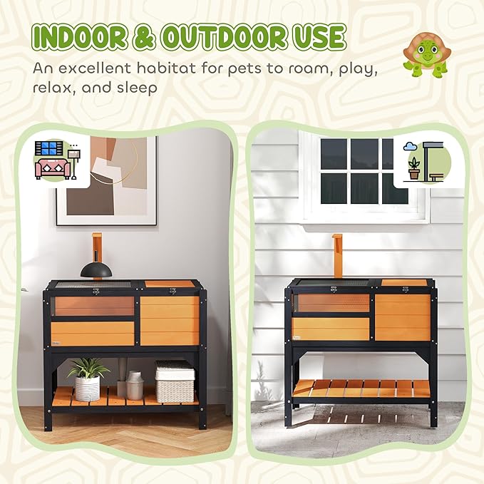 PawHut Tortoise Habitat with Shelf Storage, Tortoise Enclosure with Weather Protection, Reptile Enclosure with Tray, Light Support Frame, Yellow