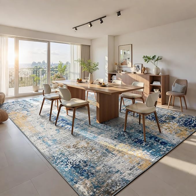 Living Room Rug 7x10 Ultramarine Area Rugs Machine Washable Abstract Boho Large