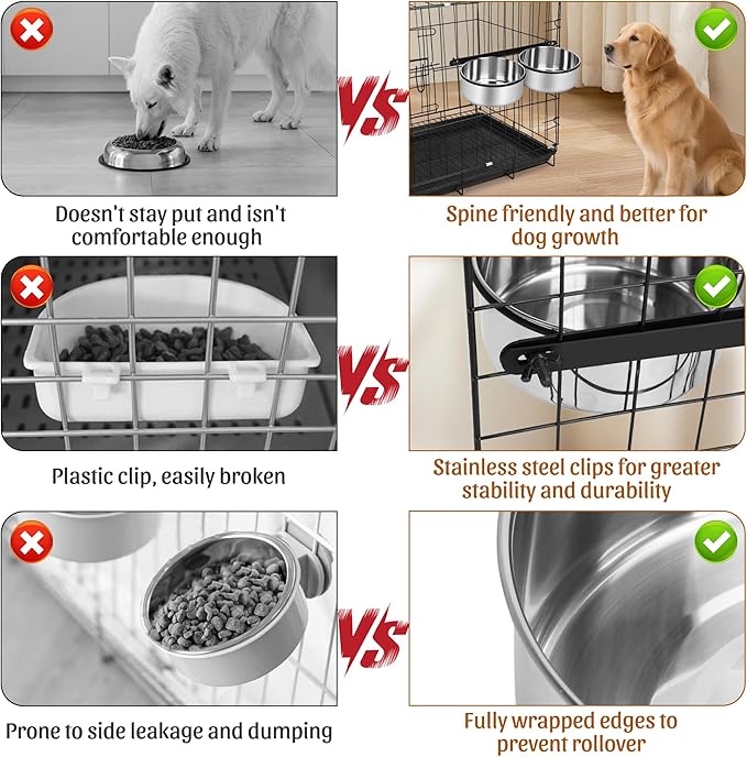 Dog Crate Water Bowls No Spill, 40oz Stainless Steel Dog Food and Water Bowl Set for Large/Medium/Small Pets, Detachable Hanging Pets Bowls for Cage, Kennel, Crate,Convenient for Adding Food and Water