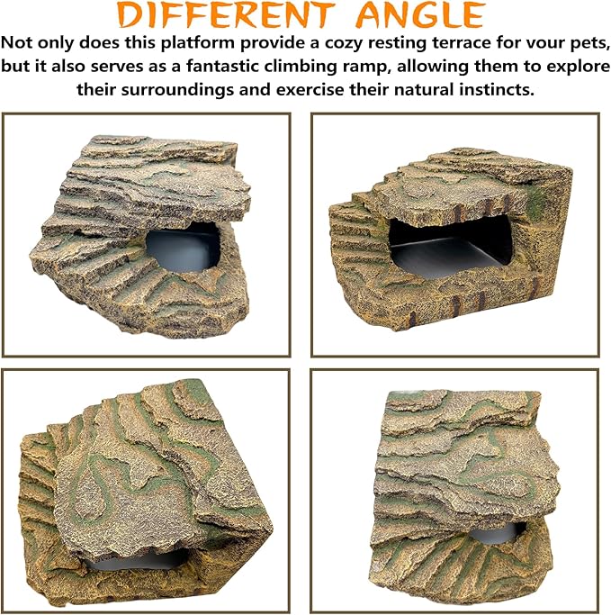 kathson Turtles Basking Platform, Reptile Cave Hideout,Tortoise Resting Terrace with Climbing Ramp,Turtle Resin Dock Tank Accessories Decor for Amphibians, Lizard, Gecko, Frog, Salamander,Extra Large