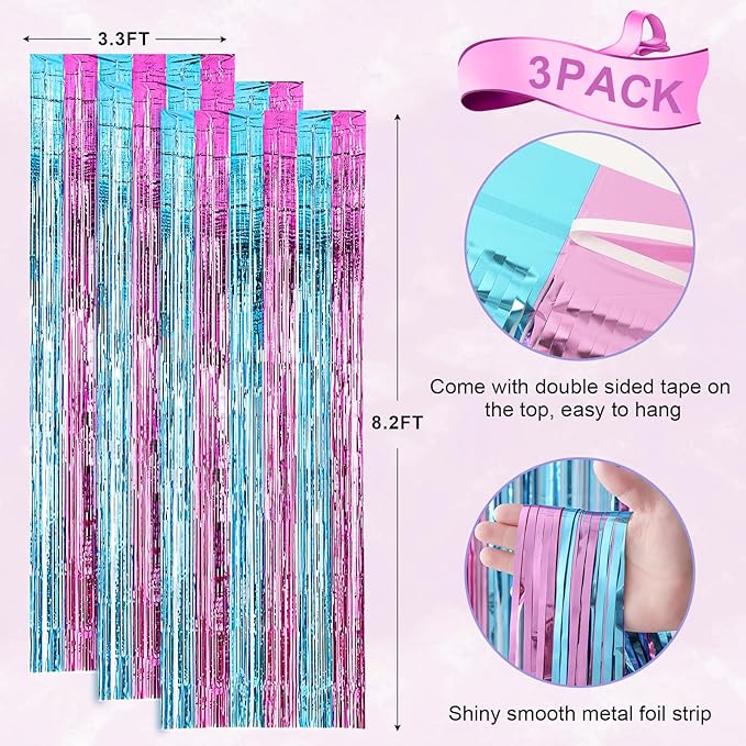 3 Pack 3.3x8.2 Feet Blue and Pink Foil Fringe Backdrop Curtains, Tinsel Streamers Birthday Party Decorations, Fringe Backdrop for Graduation, Baby Shower, Gender Reveal, Disco Party