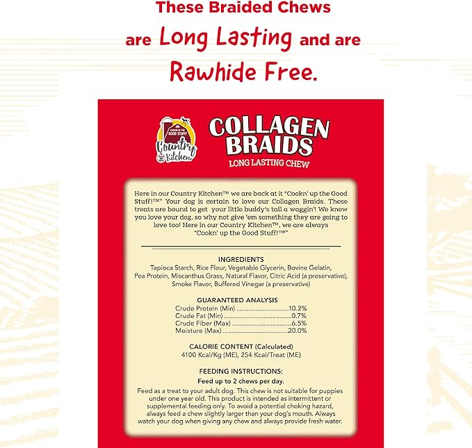 Country Kitchen Beef Collagen Braids, Rawhide Free Dog Chews, Made with Natural Beef Collagen, for Medium & Large Dogs, Made in The USA, 7.2 oz, 4 ct