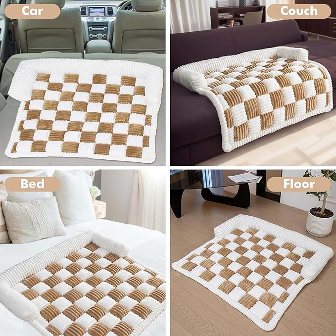 Dog Couch Cover Protector, Pet Couch Covers for Sofa, Dog Couch Cover Fuzzy Sofa Cover Cream Square Plaid Dog Bed Plush Dog Mat for Furniture Protector for Large Medium Dogs and Cats