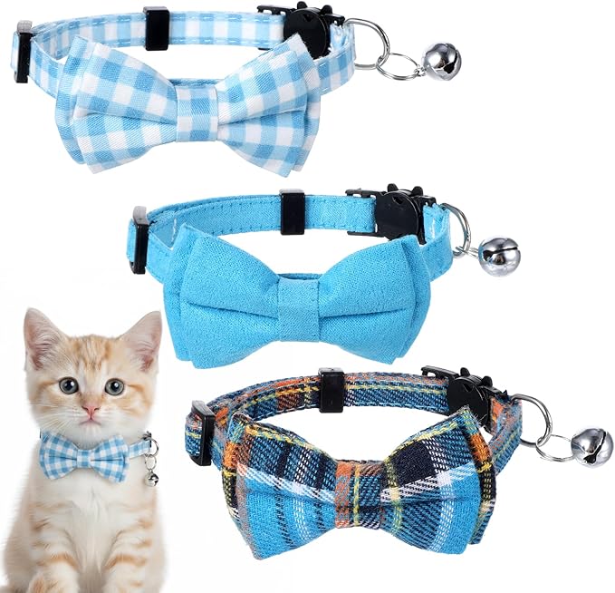 3pcs Bow Tie Cat Collar with Bells, Breakaway Bowtie Plaid Cat Collar, Soft Adjustable Bow Cats Collars for Kitten Puppy and Small Pets