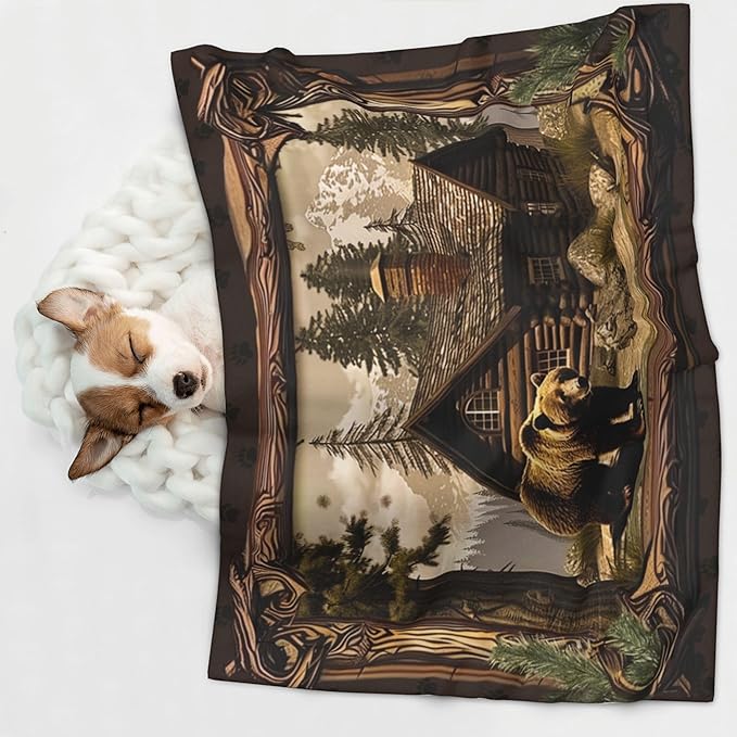 Cabin Bear Throw Blanket - Rustic Blanket for Dog Cat Pet 30x20 Wood Blankets for Couch Sofa Bed