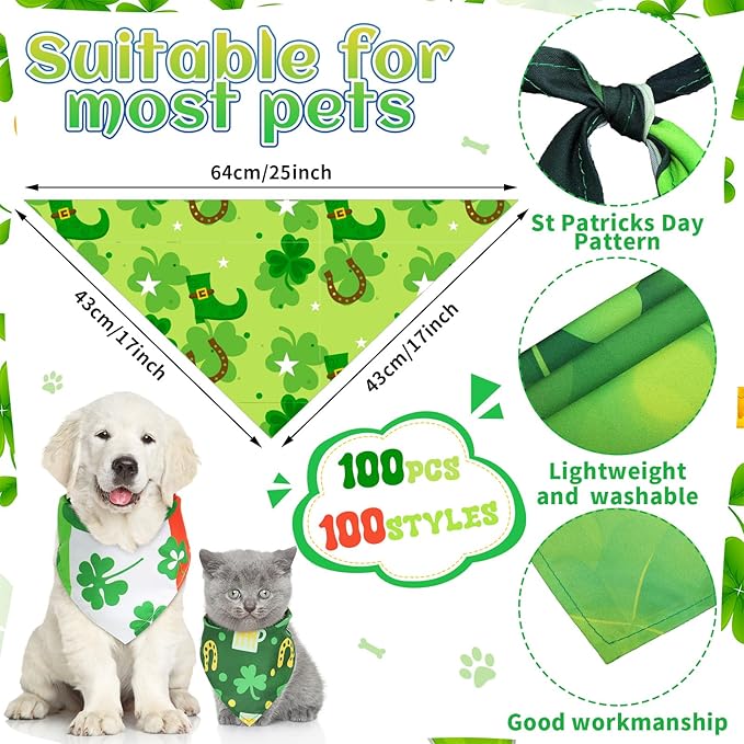 100 Pcs St. Patrick's Day Dog Bandanas Irish Pet Bandanas Bulk Holiday Green Four Leaf Clover Triangle Pet Bibs Scarf for Medium Large Dog St. Patricks Day Irish Festival Costume Decor