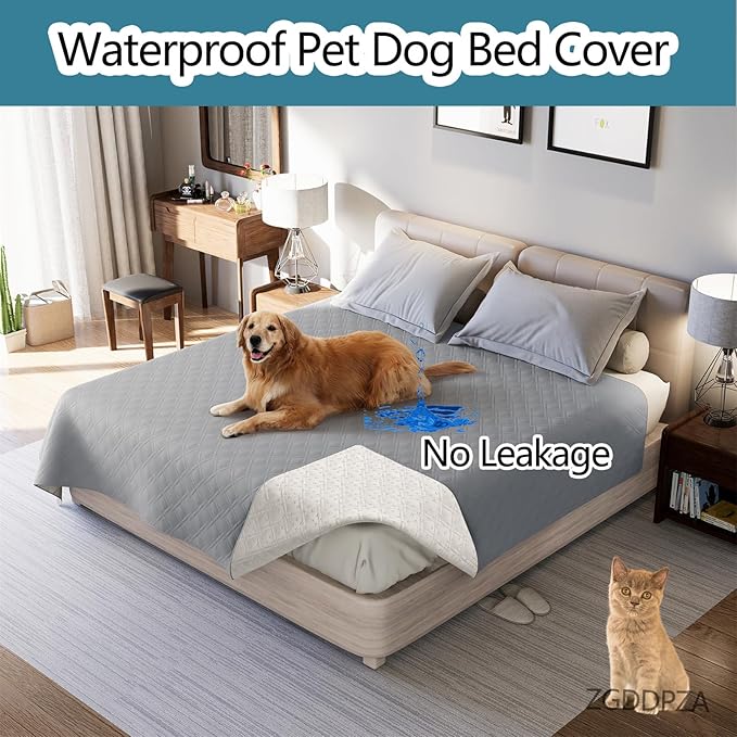 Dog Bed Cover Waterproof Microfiber Quilted Mattress Cover Pet Mat Silicon Non Slip 9 Size Furniture Protectors for Bed Sofa Couch (208 x 218 cm/82 x 86 in,Light Gray)