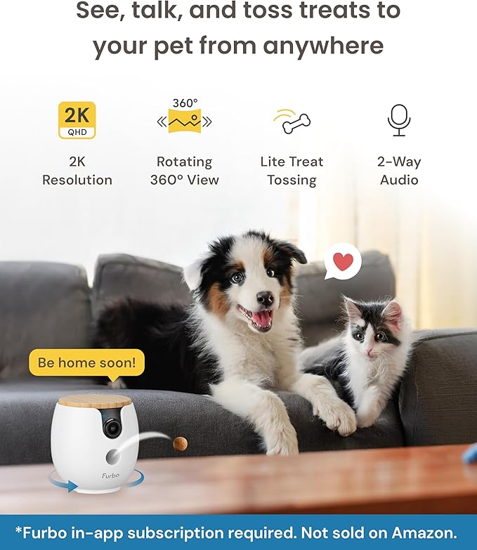 Furbo Mini 360° 2K QHD Pet Camera + Power Adapter - Unlock w/Paid Plan: Dog & Cat Safety Alerts, Smart Cam Rotating Treat Toss w/2-Way Speaker (Low Risk Subscription Required, 3mo Min. Cancel Anytime)