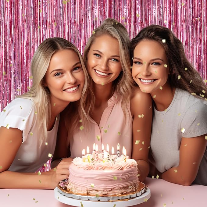 3 Pack Foil Fringe Backdrop - Laser Pink Shiny Tinsel Curtains for Party Decoration/Photo Booth Props - 3.3x8.2 FT Metallic Foil Backdrop for Birthday, Wedding, Graduation, Christmas.