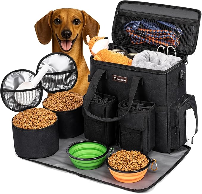 Dog Travel Bag, Airline Approved Pet Travel Bag with 2 Dog Treat Training Pouches for Weekend Pet Travel Supplies & Accessories, Black