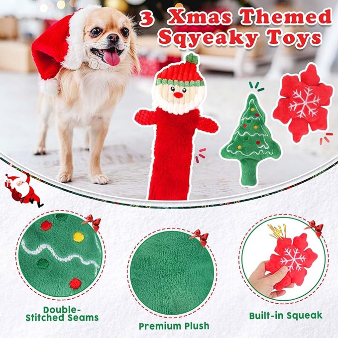 Christmas Dog Toys 8 Pack - Santa Squeaky Plush Chew for Puppy, Durable Interactive Rope for Teething, Treating Ball and Bone Rubber for Small Dogs