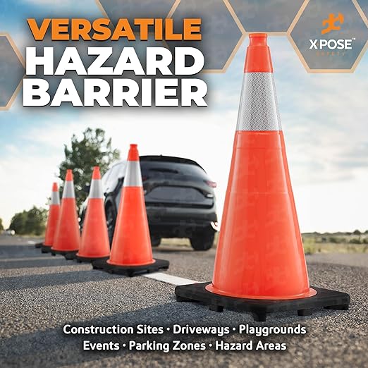 Xpose Safety 28 Inch Orange Traffic Cones with 6" Collar - 4 Pack Multipurpose PVC Plastic Safety Cone for Parking, Soccer, Caution, Kids and Construction - DOT Approved