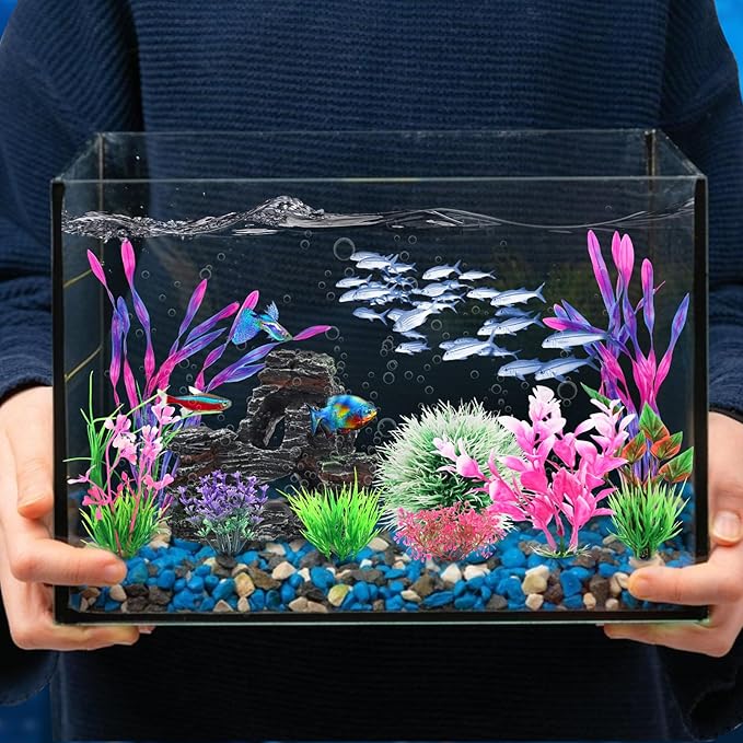 Fish Tank Accessories, Aquarium Fish Tank Plastic Plants and Cave Rock Decorations Set 10 Pieces, Small and Large Artificial Aquarium Plants with Cave Rock