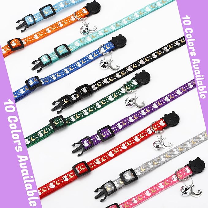10Pcs Breakaway Cat Collars with Bell Star and Moon Cute Adjustable Kitten Collars with Pendant Glow in The Dark