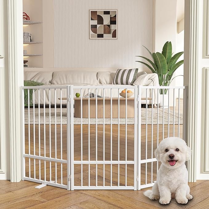 Full Metal Freestanding Dog Gate with Door, 32''Height Foldable Pet Dog Fence for Indoor & Outdoor, 3 Panels Extra Wide Free Standing TallDog Gates for Doorways,House,Stairs,Porch,Deck,Yard