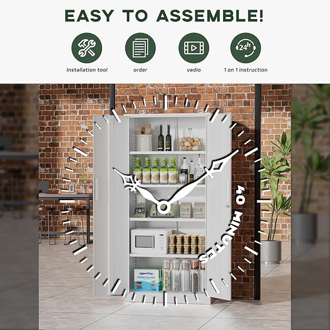 Greenvelly White Metal Storage Cabinet for Garage, 72” Steel Locking Cabinet with Doors and 4 Shelves, Tall Tool Organizer for Garage Systems Lockable File Storage for Home Office, Classroom