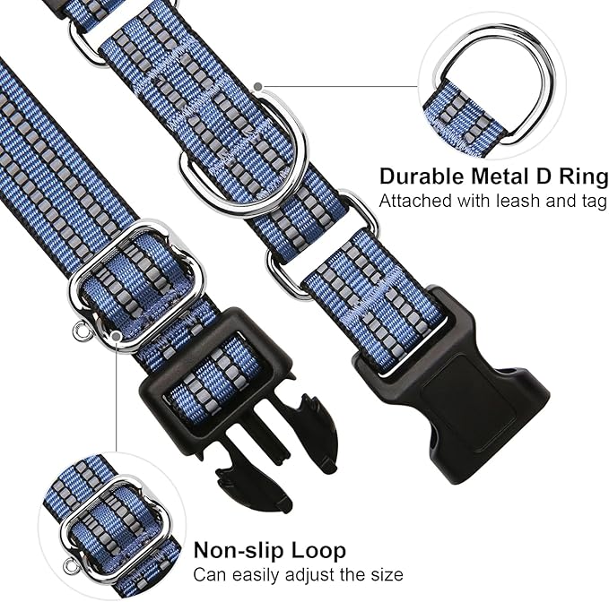 Martingale Dog Collar, Adjustable Nylon Reflective Collar with Quick Release Buckle (Grey Blue, Large)