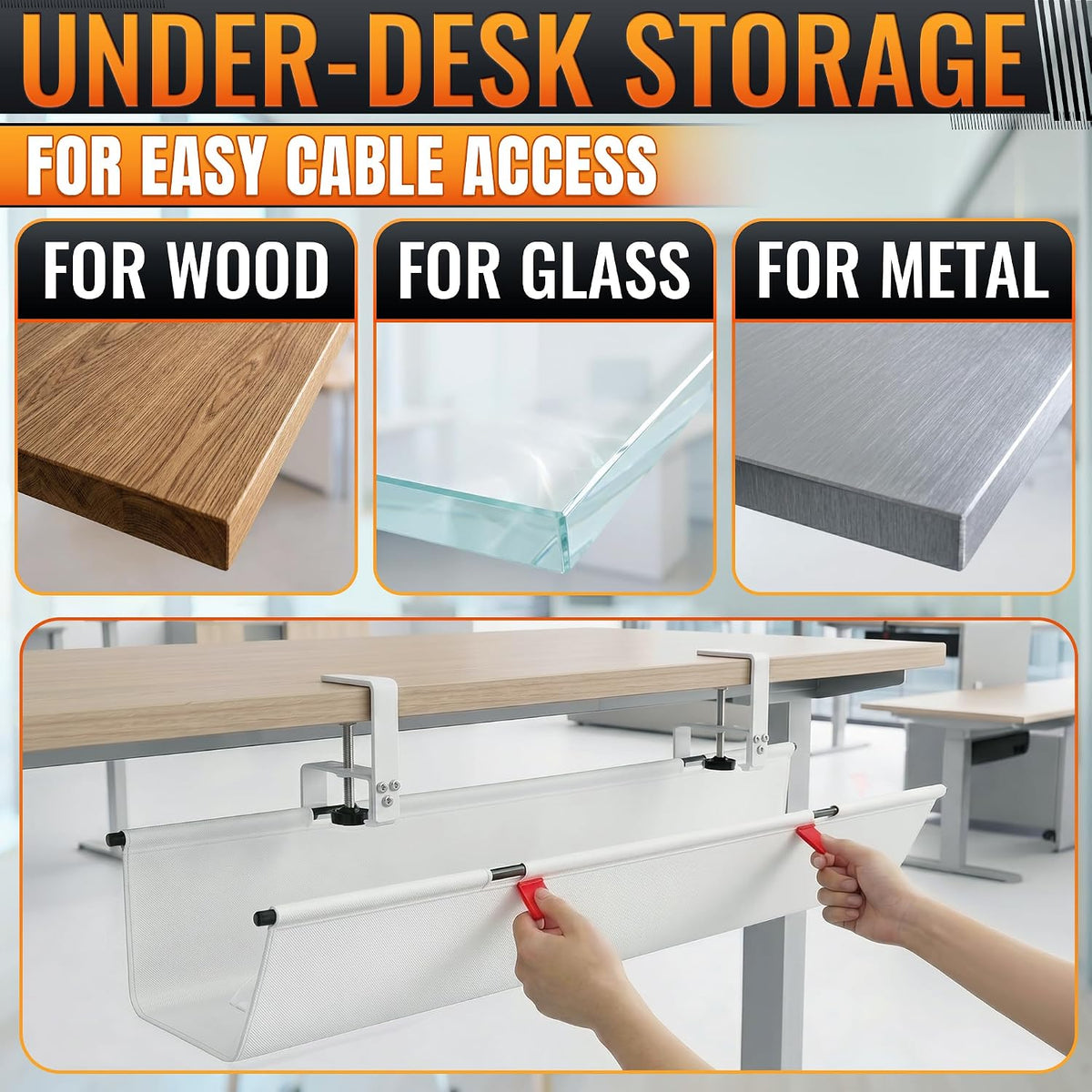 Under Desk Cable Management Tray 36" — No Drill Clamp-On Cord Organizer for Desk with Built-in Ties, Heavy Duty Metal Clamp, Foldable 600D Oxford Fabric for Home Office, WFH & Gaming PC Setup (White)