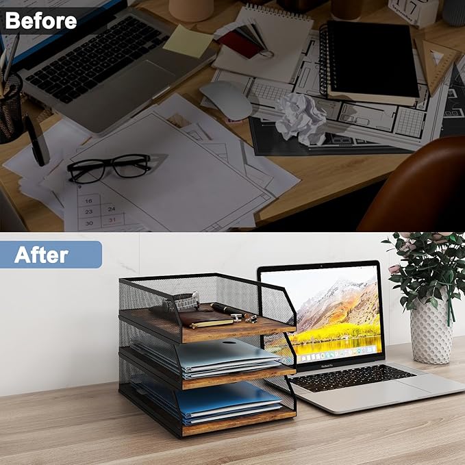 Natwind 3-Tier Stackable Paper Tray, Metal Mesh Desktop Organizer, Wood Board Paper Sorter, Letter Trays,File Document Storage Rack for for Home, Office, School (Retro)
