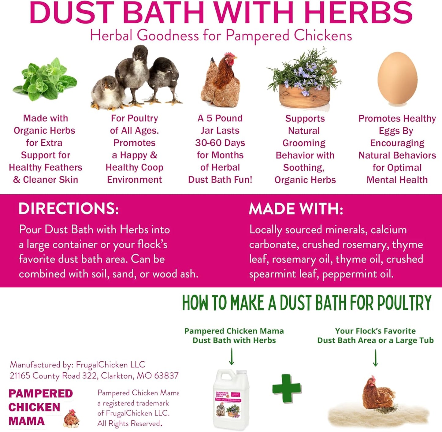 20.5 lb Pampered Chicken Mama Dust Bath with Organic Herbs & Essential Oils for Chickens, Quail, & Poultry | Dust Bath for Chickens to Keep Feathers Clean & Healthy