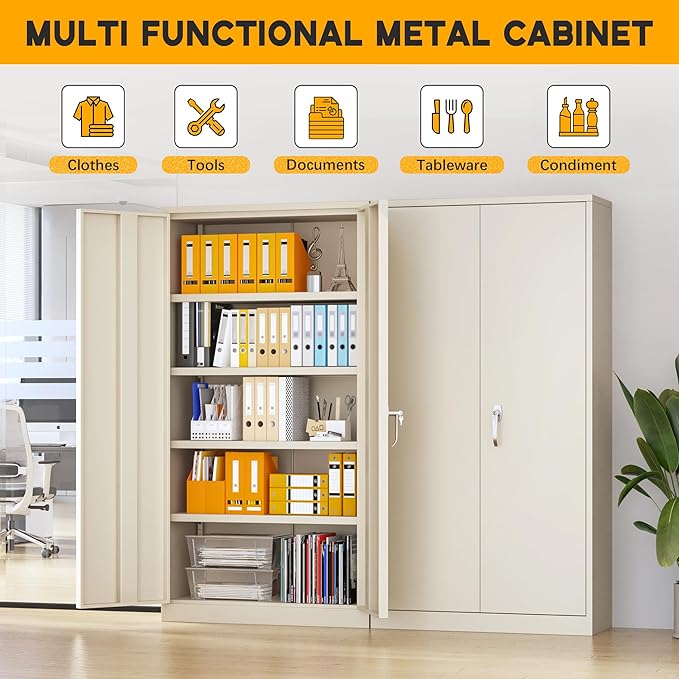 Greenvelly Metal Garage Storage Cabinet with 2 Doors and 4 Adjustable Shelves, 72”H Steel Lockable Storage Cabinet,Tall Metal Cabinet Locking File Cabinet for Office,Home, Garage, Gym, School