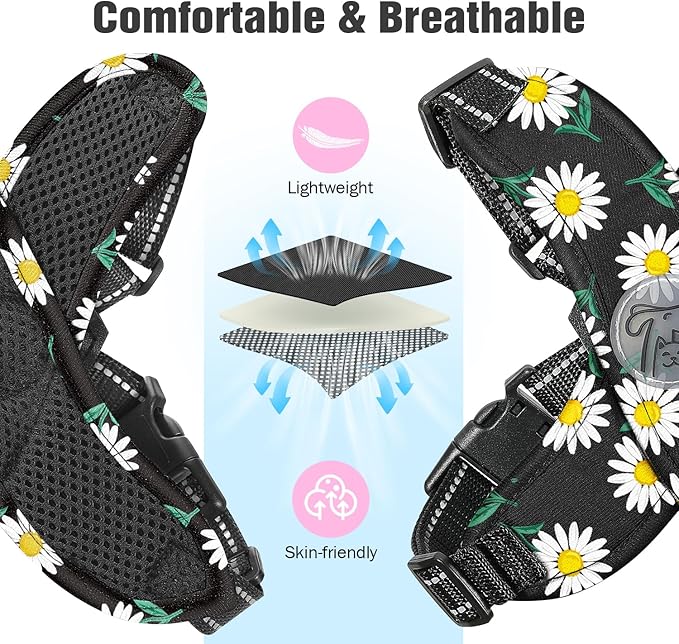 Pawaboo Small Dog Harness and Leash Set, Puppy Harness X-Frame No Pull No Choke, Dog Vest Harness Adjustable for Small Medium Sized Dogs,Soft Breathable Pet Harness for Walking Outing, S, Black Daisy