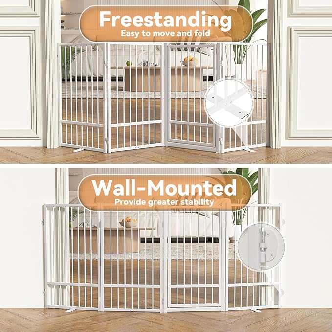 Full Metal Freestanding Dog Gate with Door, 36''Height Foldable Pet Dog Fence for Indoor & Outdoor, 4 Panels Extra Wide Free Standing TallDog Gates for Doorways,House,Stairs,Porch,Deck,Yard