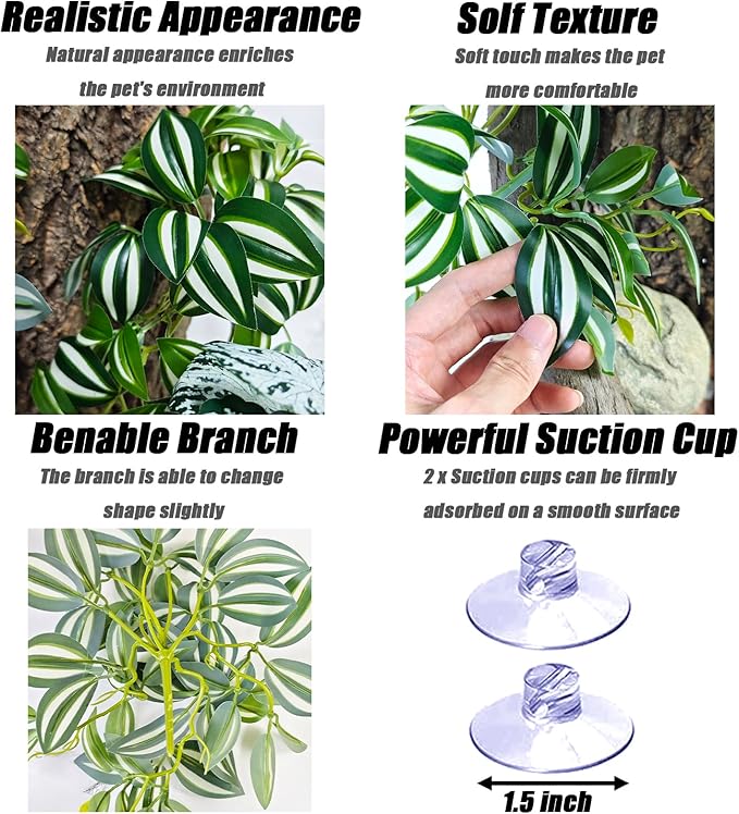 Woyrise Reptile Plants, Terrarium Hanging Plant Vines, Artificial Leaves with Suction Cup, Bearded Dragon Tank Accessories for Gecko Lizard Snake Frog Tortoise Decorations - Zebrina Green