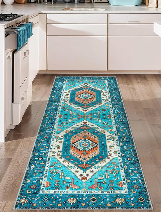 SERISSA Boho Washable Runner Rug, 2x6 Rug Runner Non-Slip Vintage Blue Hallway