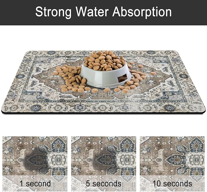 Dog Food Mats for Floors, Absorbent and Quick-Drying Pet Cat Food Mat,Anti-Fouling and Easy-to-Clean Pet Feeding Mat,Dog Bowl Mat for Messy Drinking Water Bowls.12 x20, Bohemia Style
