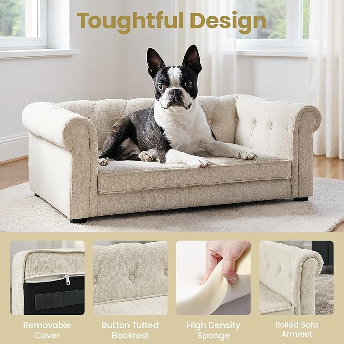 Elevated Dog Sofa with Backrest and Armrests, Button Tufted Dog Couch Bed with Soft Cushion for Medium Dogs, Stylish Lounging Bed Pet Couch Chair, 60Lbs Weight Capacity, Beige