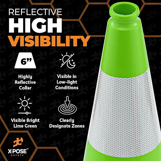 Xpose Safety 18” Lime Green Traffic Cone - 6" Reflective Collar – 4 Pack Premium PVC Safety Cone for Parking, Caution, Construction, Road Crews, Emergency Vehicle - DOT Approved