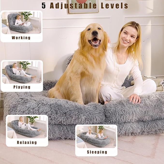 Human Dog Bed for Adult and Kids, Comfy Foldable Lazy Floor Sofa Bed with 5 Adjustable Position, Grey Upholstered Floor Bean Bag Lounger Chair for Bedroom, Living Room,Office (Gray)
