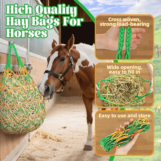 3 Pcs Hay Bags for Horses, Hay Nets for Horses Goat Sheep,Goat Hay Feeder for Slower Feeding,Strong Load-Bearing Hay Bag Hanging for Horse Stable Trailer (Green)