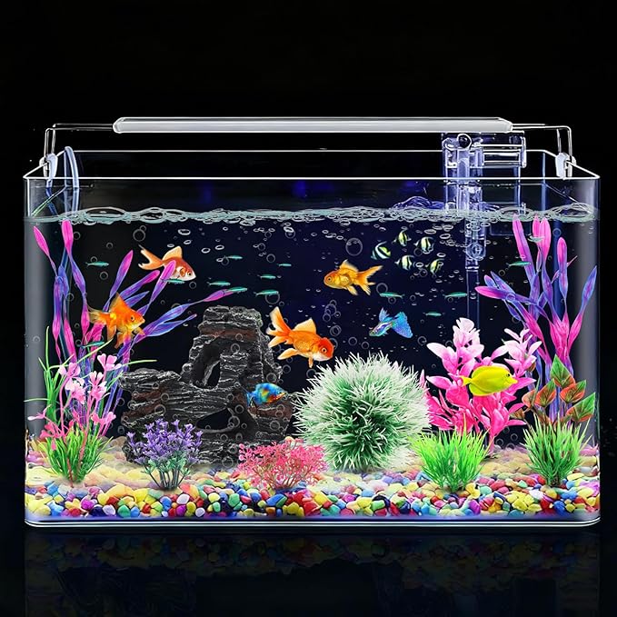 Fish Tank Accessories, Aquarium Fish Tank Plastic Plants and Cave Rock Decorations Set 10 Pieces, Small and Large Artificial Aquarium Plants with Cave Rock