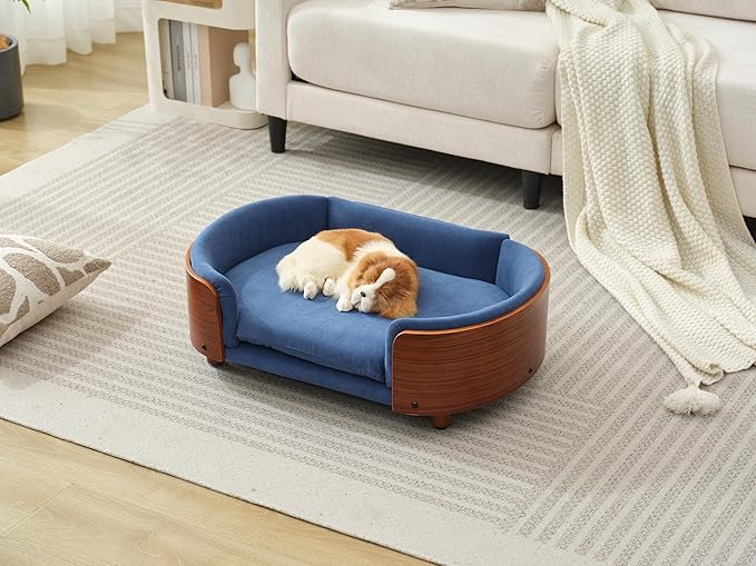Scandinavian Style Elevated Dog Bed Pet Sofa with Solid Wood Legs and Bent Wood Back, Velvet Cushion, Small Size, Walnut Frame & Dark Blue Cushion