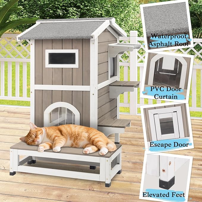 PetsCosset Outdoor Cat House Feral Cats Shelter Weatherproof with Balcony, 2-Story Wooden Outside Pet C at House with Openable Roof, 4 Door, 2 Platforms