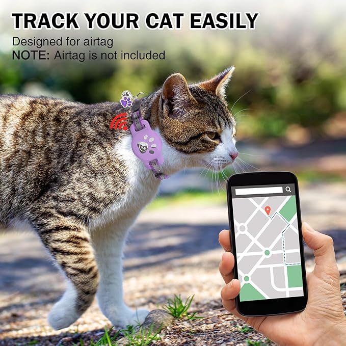 Airtag Cat Collar Breakaway, Reflective Kitten Collar with Bell and Apple Air Tag Holder, GPS Cute Cat Collar, Glow in The Dark Pet Collars for Boy Girl Cats, Kittens, Puppies, Purple