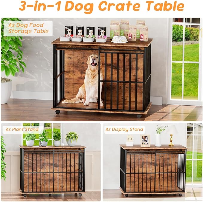 43.3" Dog Crate Furniture, Dog Kennel Indoor with Wheels for Large Medium Small Dogs, Wooden Dog Crate End Table with Sliding Door, Wooden Dog Kennel Furniture for Living Room, Bedroom