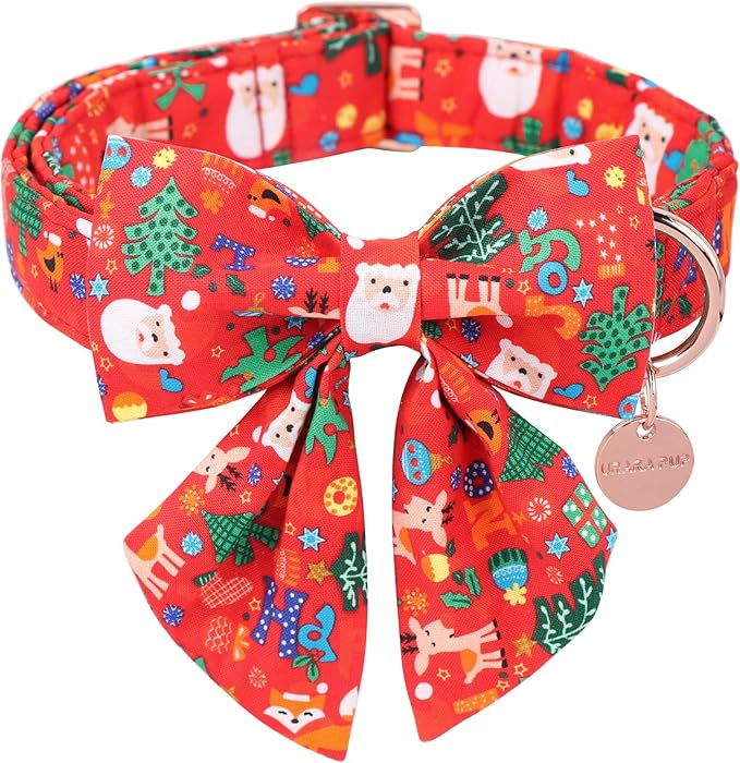 Christmas Dog Collar with Bow Tie, Christmas Collar for Puppy Girl Boy Dog or Cat, Bowtie Dogs Collars with Durable Metal Buckle, Cute Pet Collars, XS
