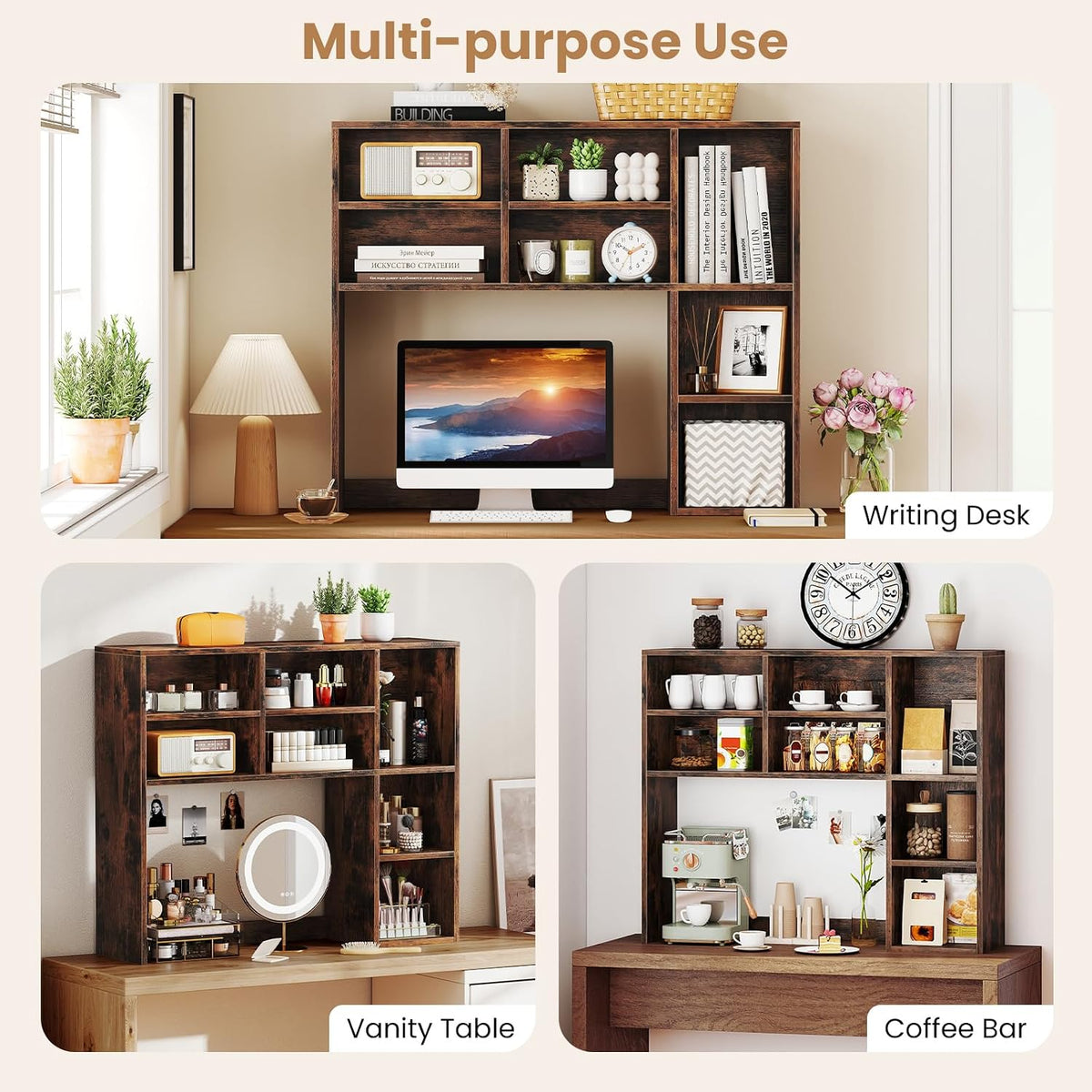 MAT EXPERT Wooden Desktop Bookshelf, Countertop Desk Hutch w/ 7 Cubes & Adjustable Shelves, Anti-toppling Kits, Table Top Organizer Shelf Fits Monitors up to 27” for Dorm, Office, Study (Rustic Brown)