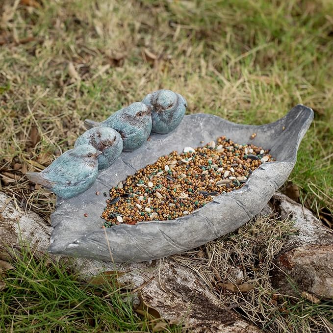 Bird-Feeder Wild Bird-Bath Bowl Outdoors - Garden Decor Polyresin Birds on Leaf 12.4 * 7.5 * 4.1 Inch-Newman House Studio