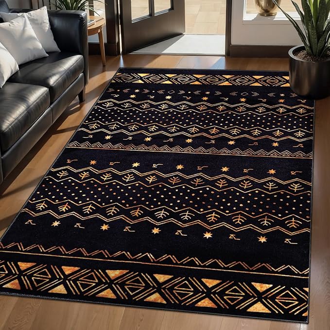SERISSA 3x5 Area Rugs for Living Room, Washable Non-Slip Black and Gold Small